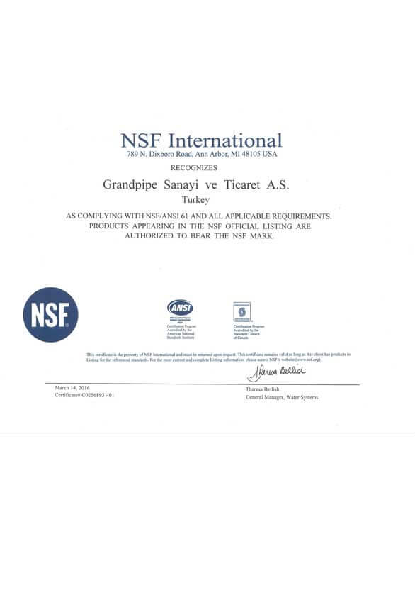 Grandpipe NSF Certificate