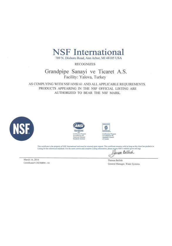 Grandpipe NSF Certificate