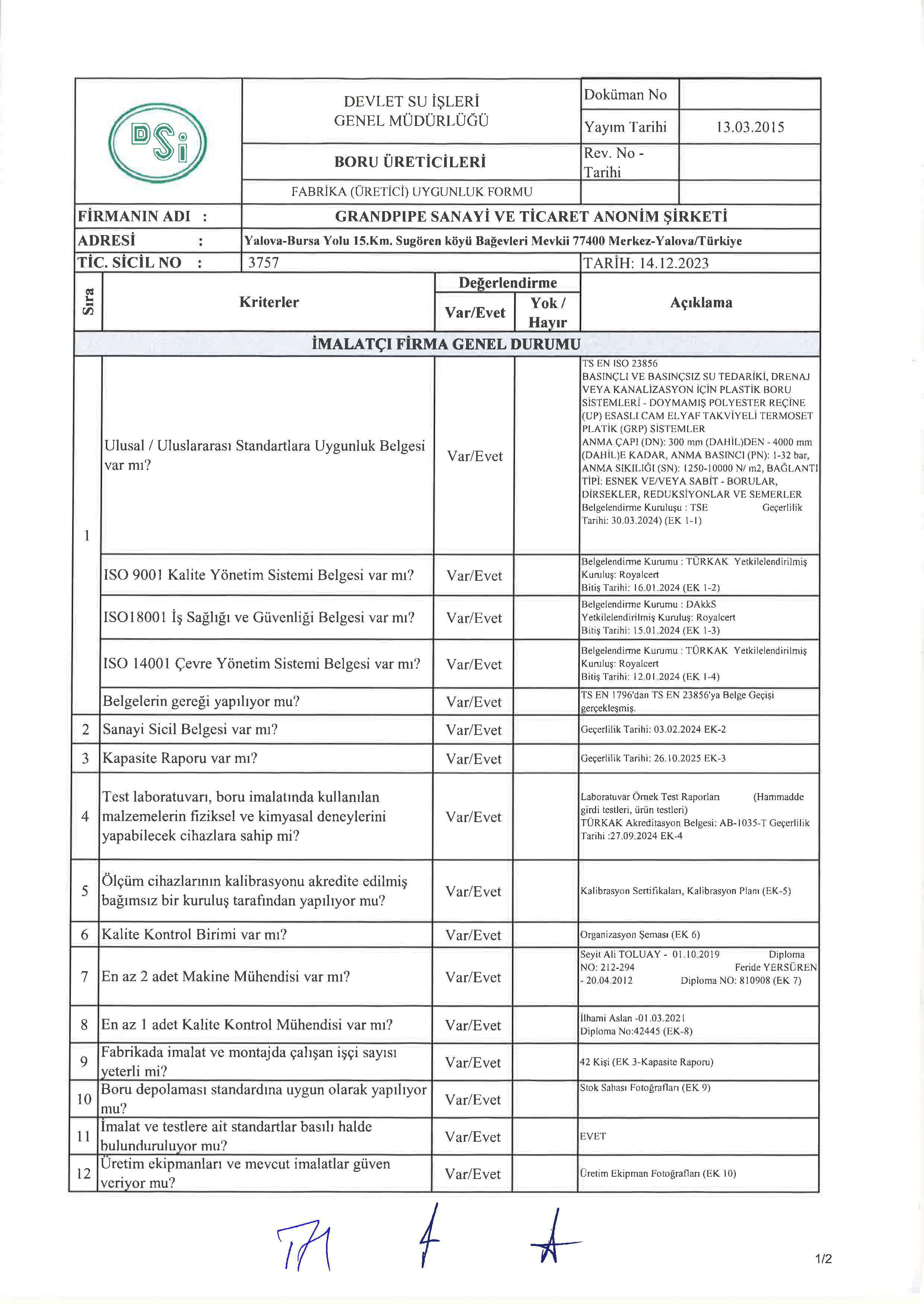 DSİ Üretici Uygunluk Belgesi